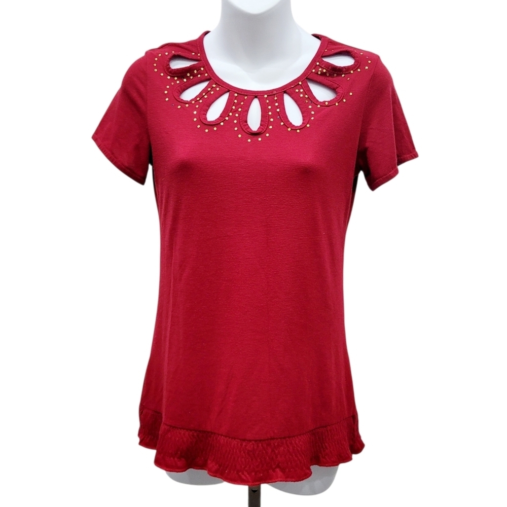 2/$20 Y2K Red With Gold Beads Top Blouse Size: Small